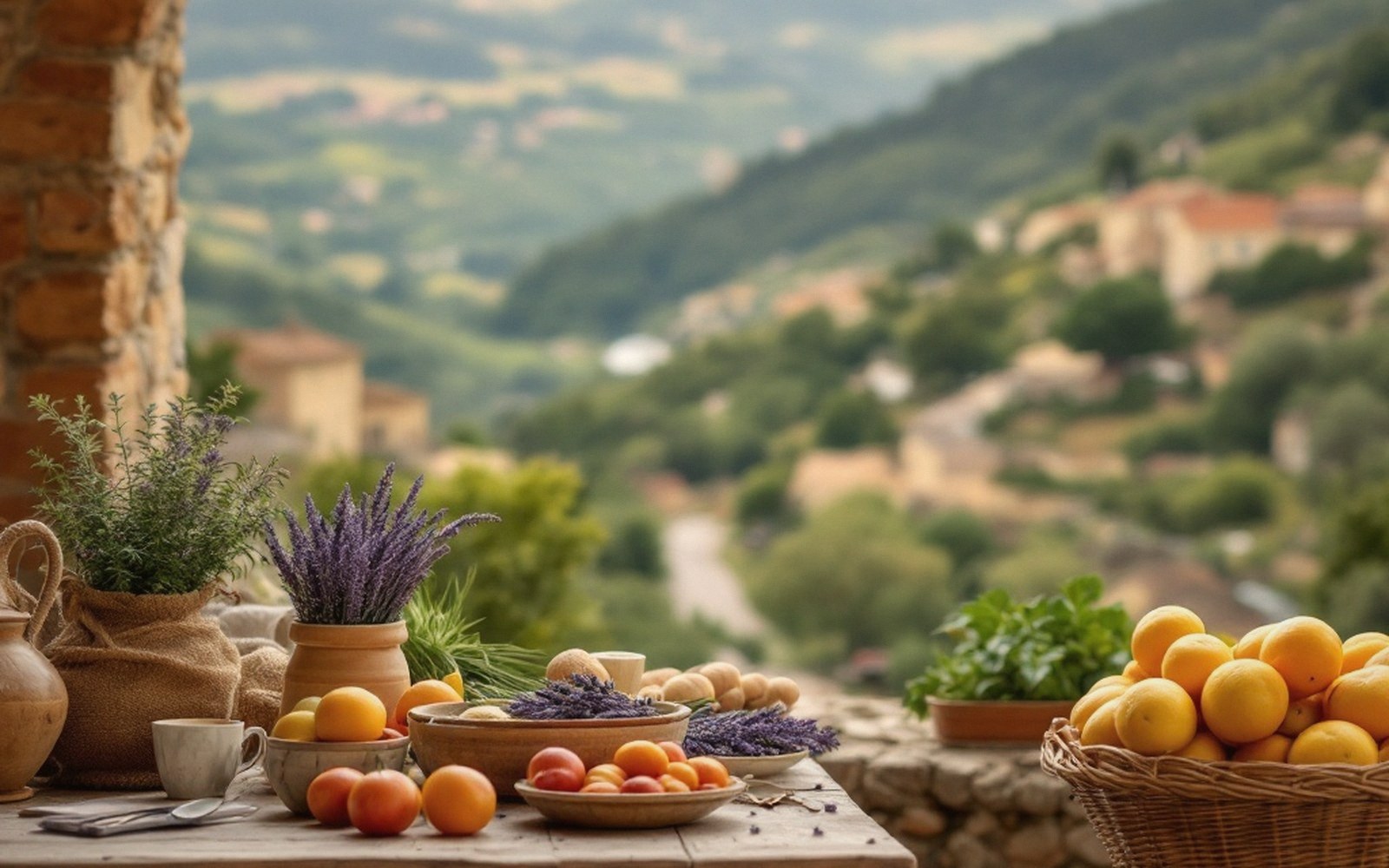 Rustic table of lemons, tomatoes and lavender overlooking a hillside village in Provence