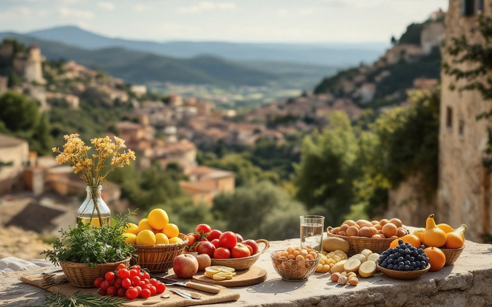 Baskets of fresh fruit and herbs on a stone ledge overlooking a hilltop village