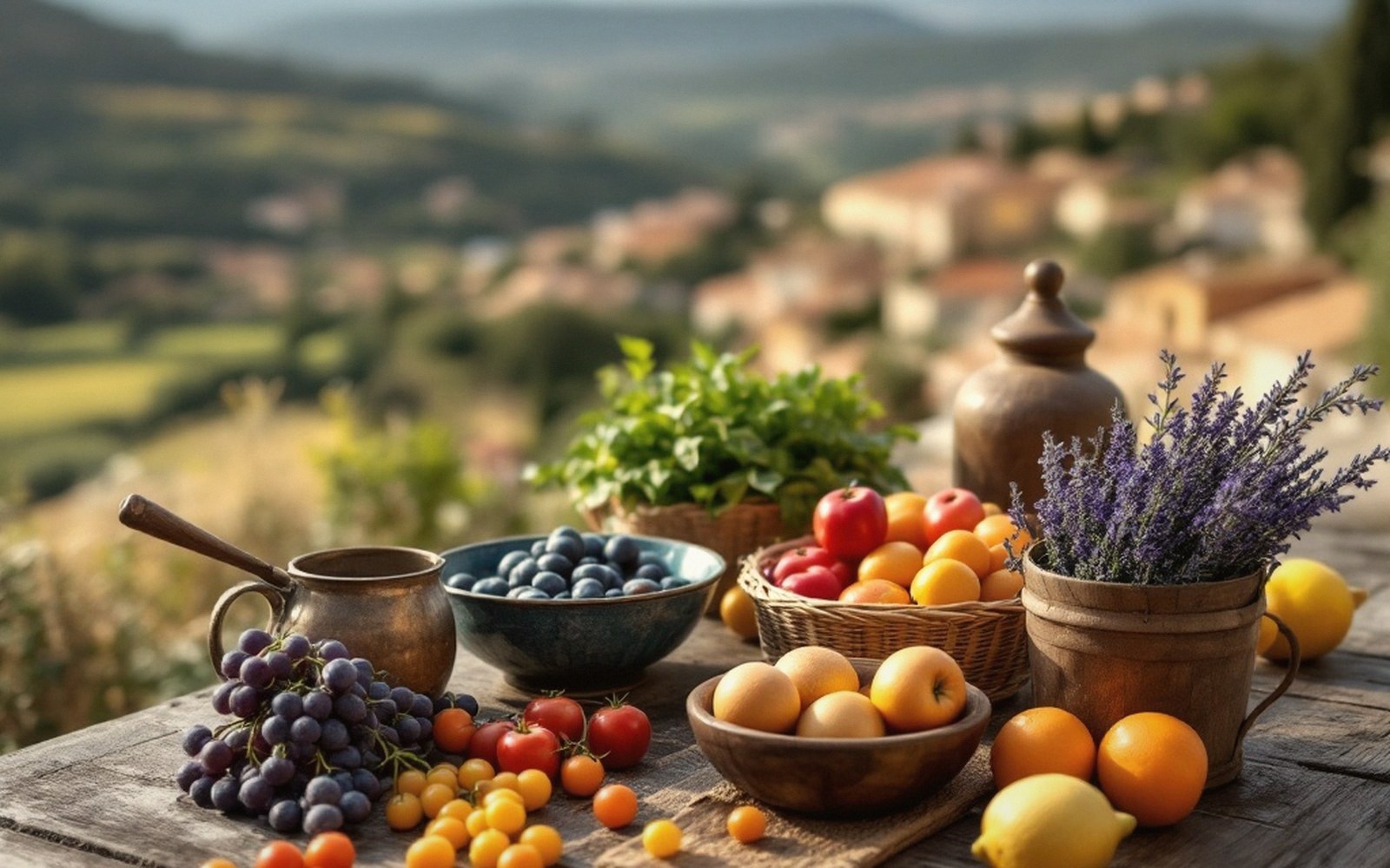Fruit, herbs and lavender arranged on a wooden table overlooking a Provençal hillside village