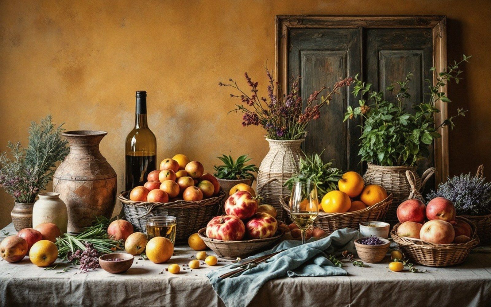 Rustic table arrangement of wine bottle, glasses, ceramic jugs, wicker baskets of fruit and herbs